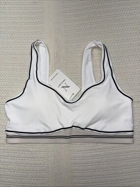 White Sports Bra with Taupe Band and Black Piping